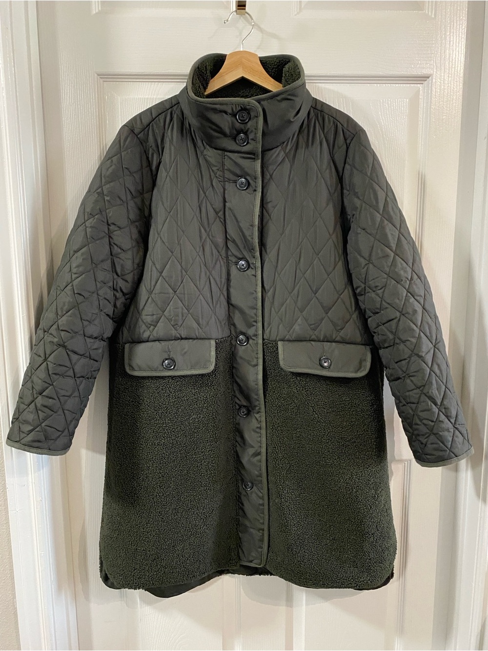 NWOT LOFT WMNS XL Olive Green Quilted & Sherpa Midi Length Jacket